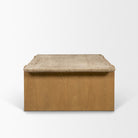 End view of the Cavelle Travertine & Oak Coffee Table showing the solid oak panel leg beneath the beige travertine top.