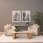 Wide living room view featuring the Cavelle Travertine & Oak Coffee Table as the central focal point.