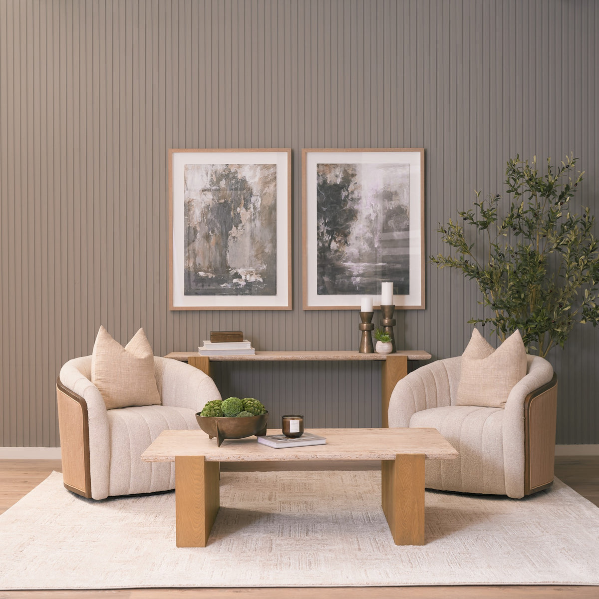 Wide living room view featuring the Cavelle Travertine & Oak Coffee Table as the central focal point.