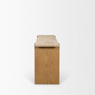 End view of the Cavelle Travertine & Oak Console Table showing the narrow profile, travertine top and solid oak panel leg.