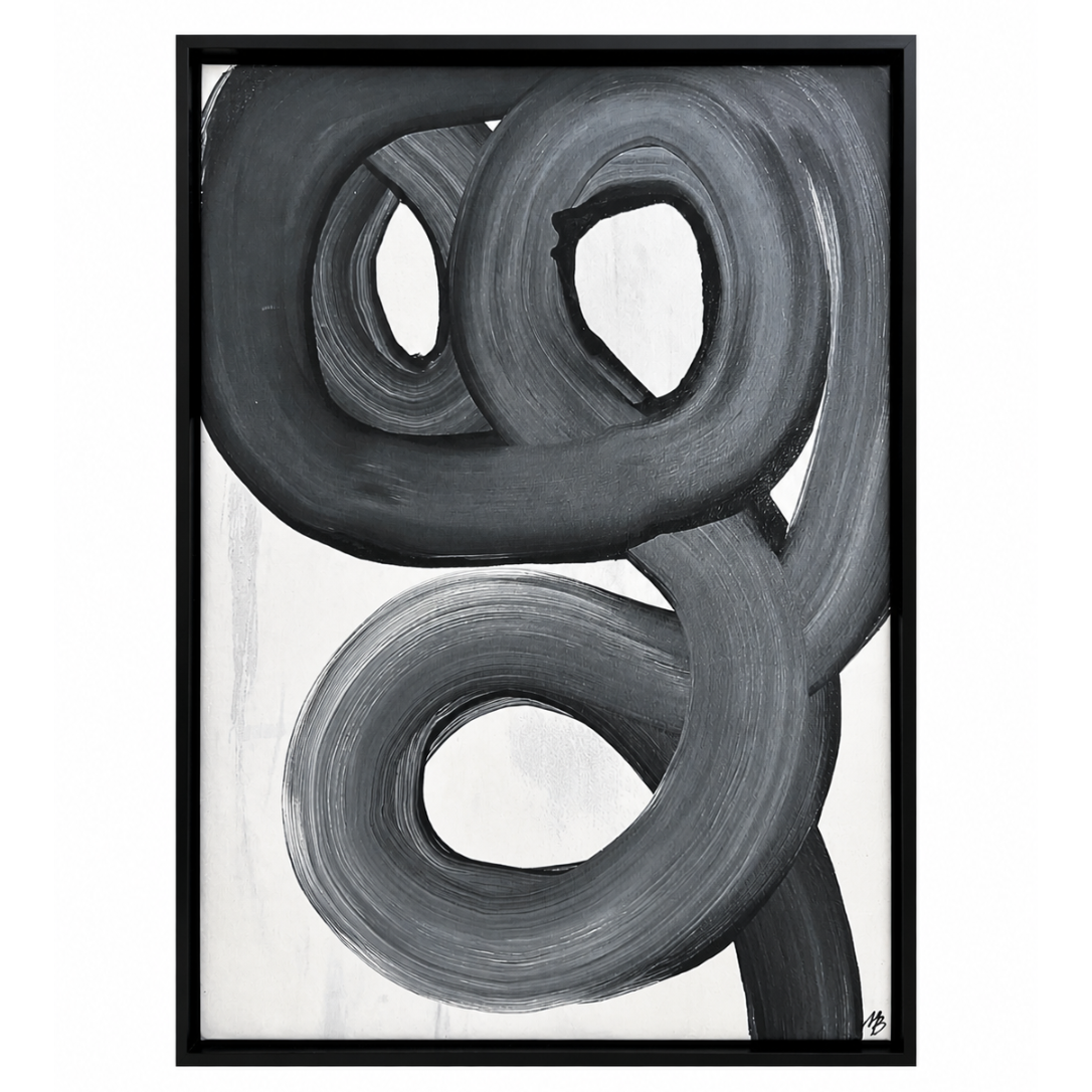 Black and white abstract art print with swirling patterns on a white background