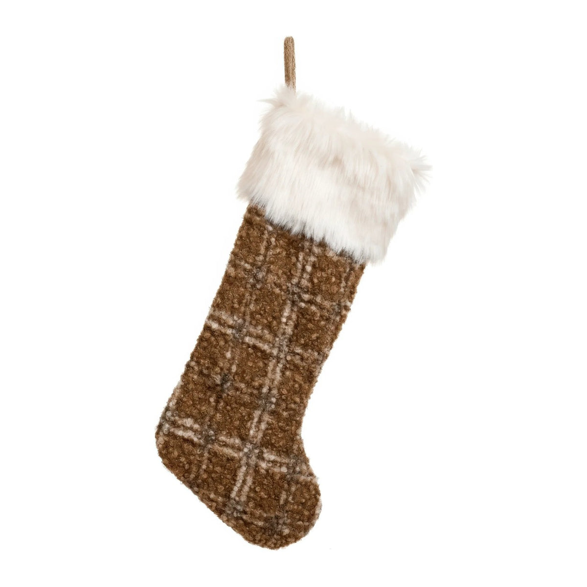 Brown checked Christmas stocking with white faux-fur cuff