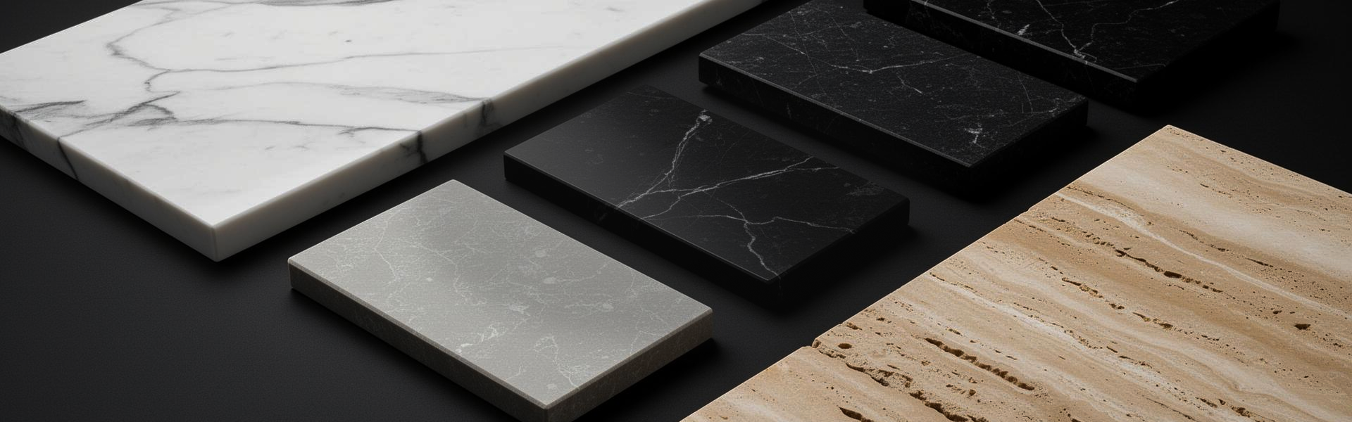 Collection of marble and stone tiles in various colors on a dark surface