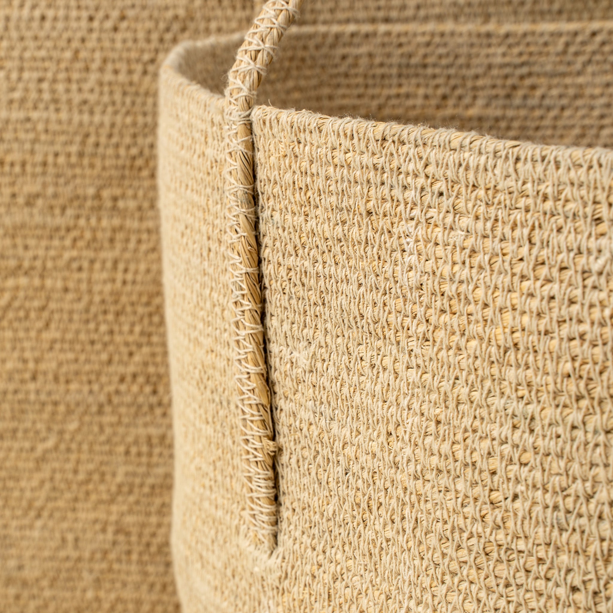 Close-up of a woven basket with natural fiber texture