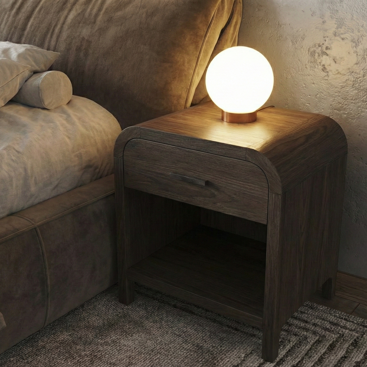 Dark walnut Eamon Nightstand styled beside a bed with a glowing table lamp