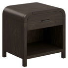 Angled view of the dark walnut Eamon Nightstand showing its rounded waterfall edges