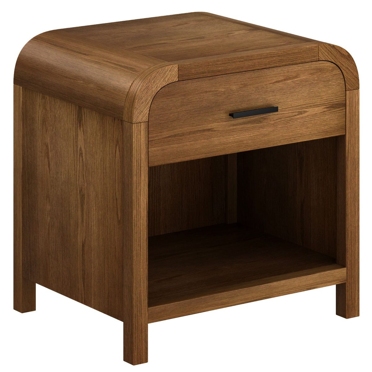 Angled front view of the medium walnut Eamon Nightstand