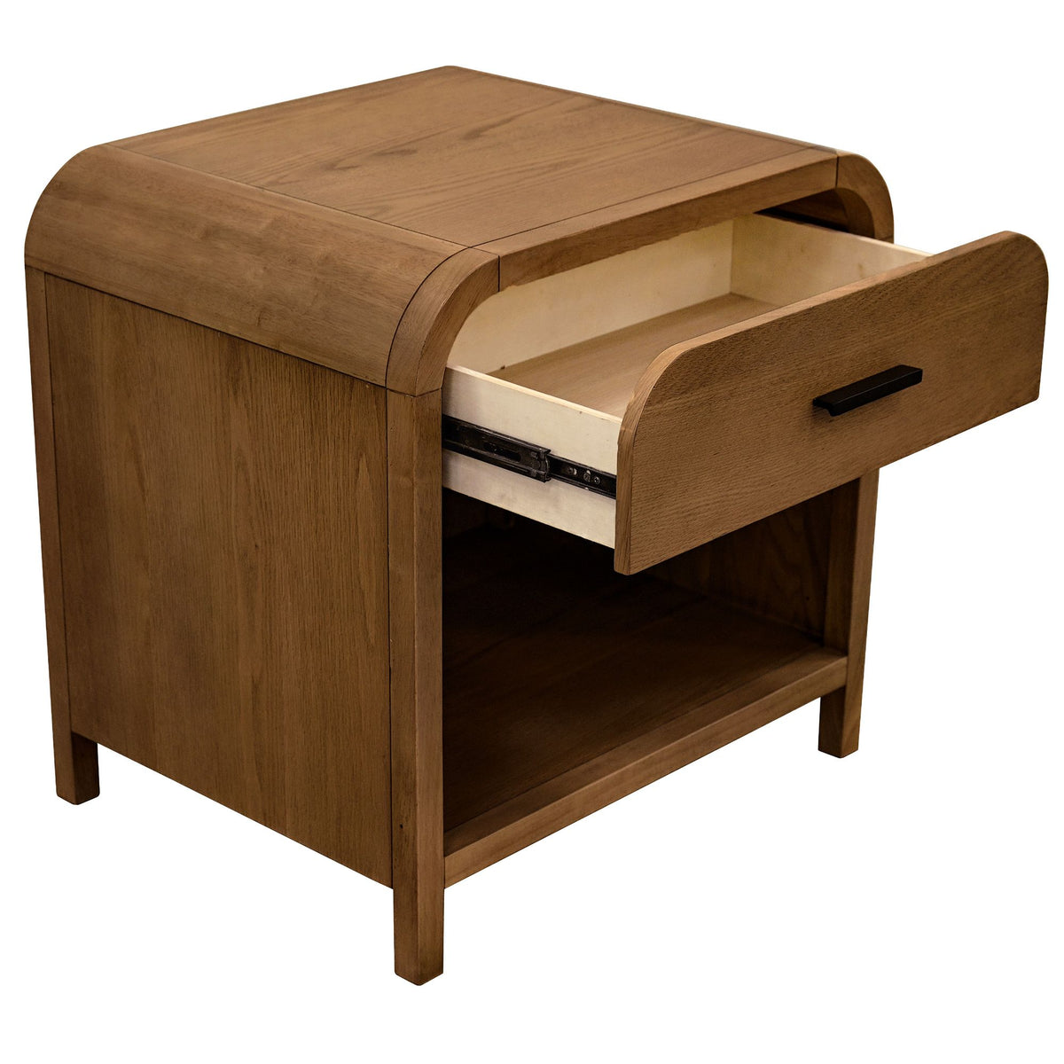 Medium walnut Eamon Nightstand with the storage drawer open