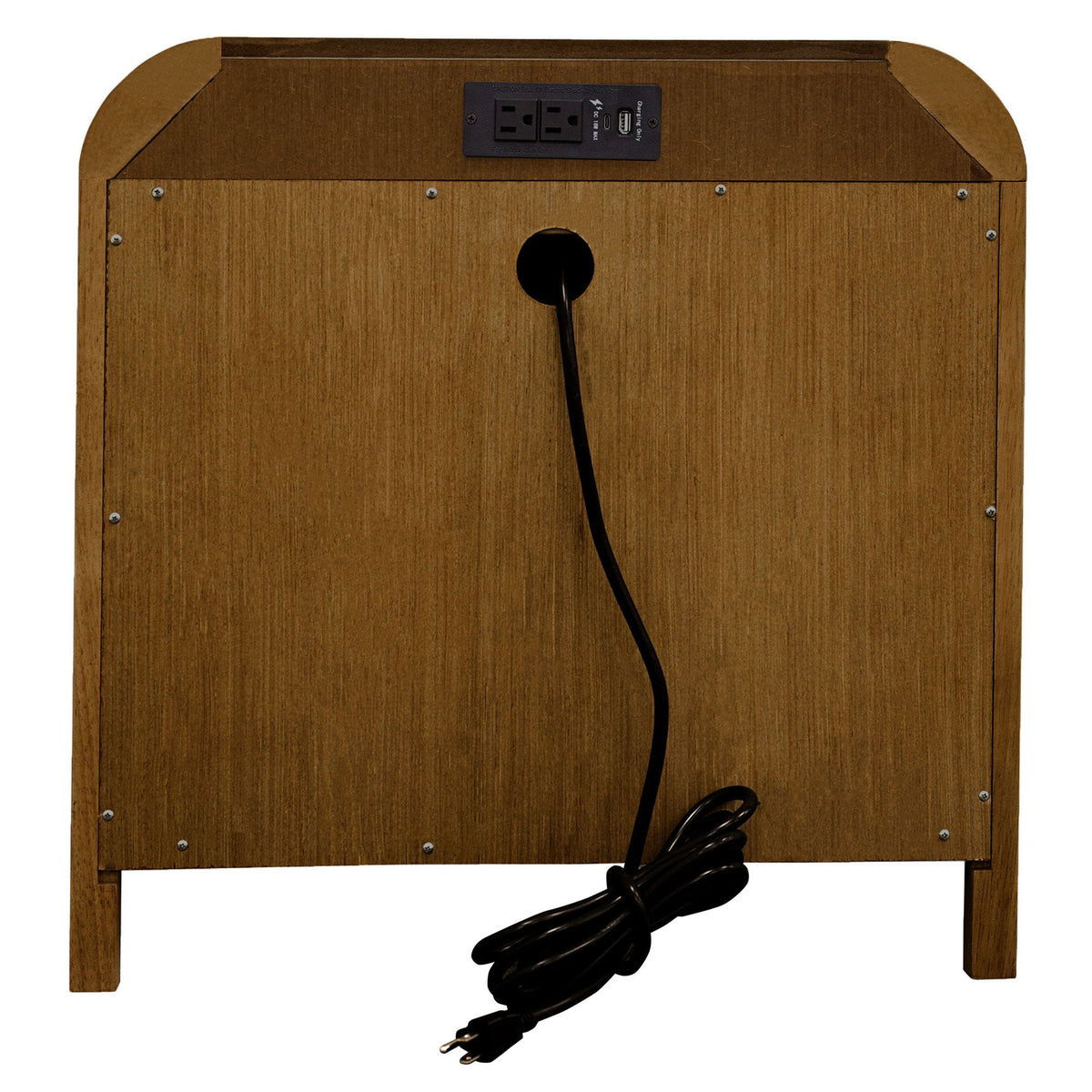 Back view of the medium walnut Eamon Nightstand showing the charging station and power cord