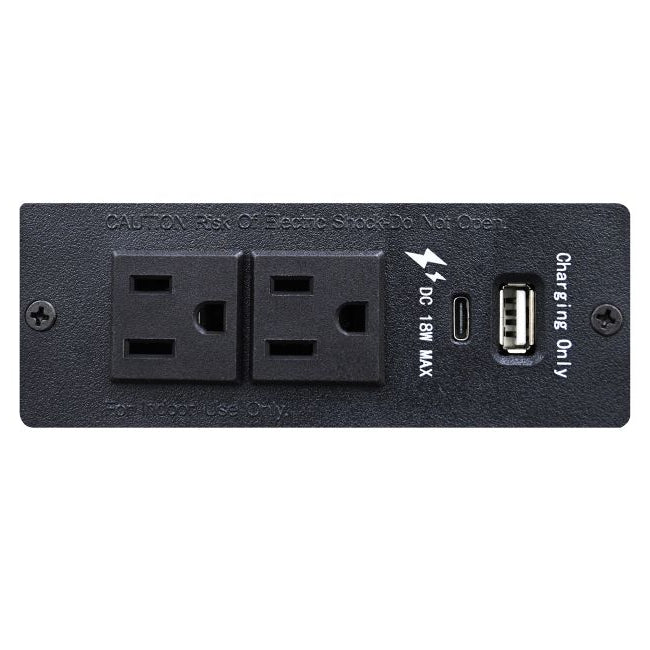 Close-up of the Eamon Nightstand charging station with two AC outlets and USB ports