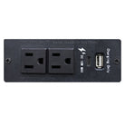Close-up detail of the built-in power strip on the back of the Eamon nightstand, featuring two AC outlets and USB charging ports.