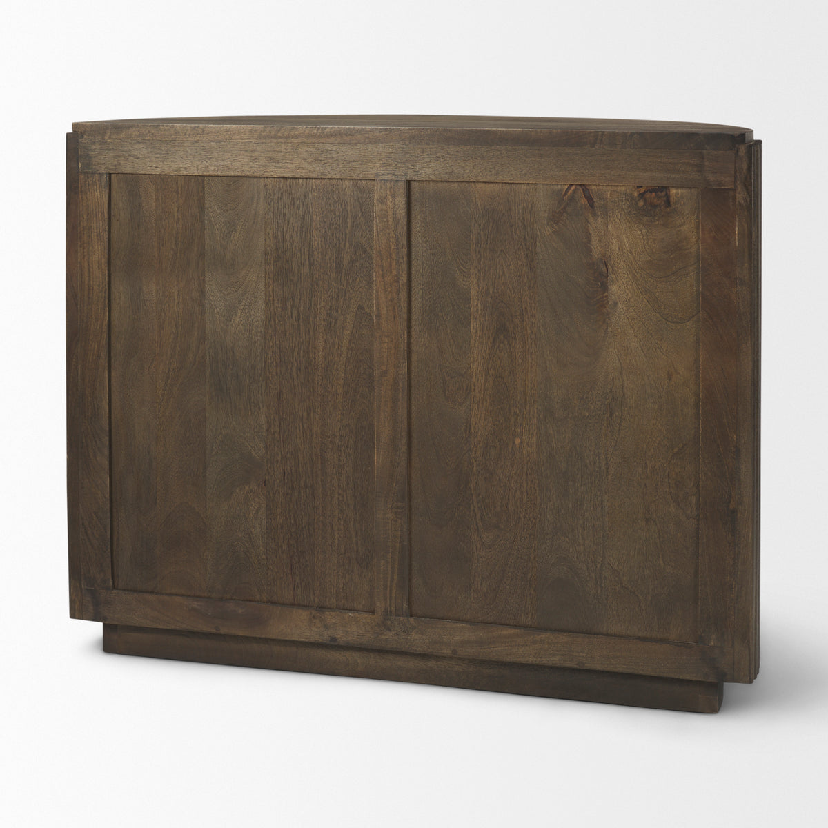 Back view of the dark brown Eleanor mango wood accent cabinet showing a flat, finished rear panel