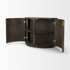 The Eleanor dark wood accent cabinet with its two curved doors open, revealing a fixed interior storage shelf.