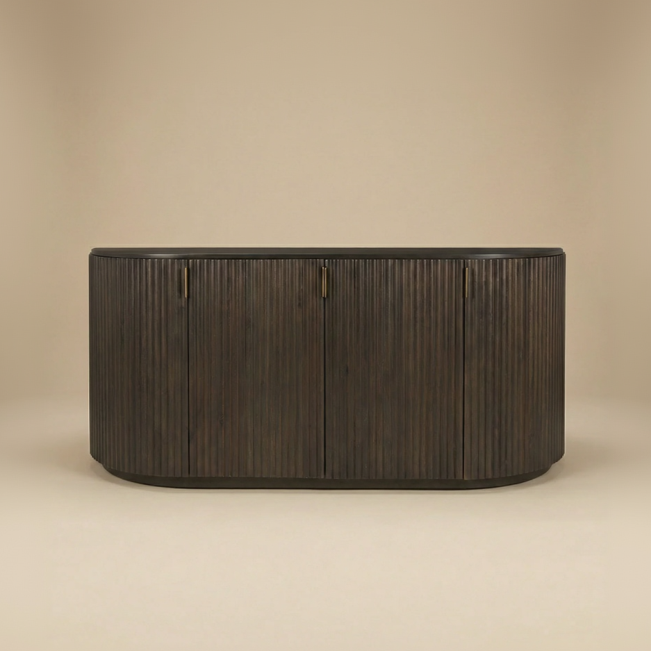 view of the Eleanor dark mango wood sideboard featuring fluted doors, curved edges, and brass hardware