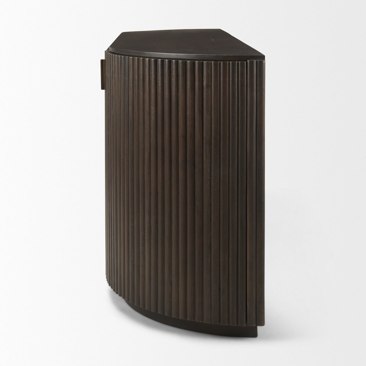Side profile view of the Eleanor fluted sideboard highlighting its elegant curved ends and dark wood finish