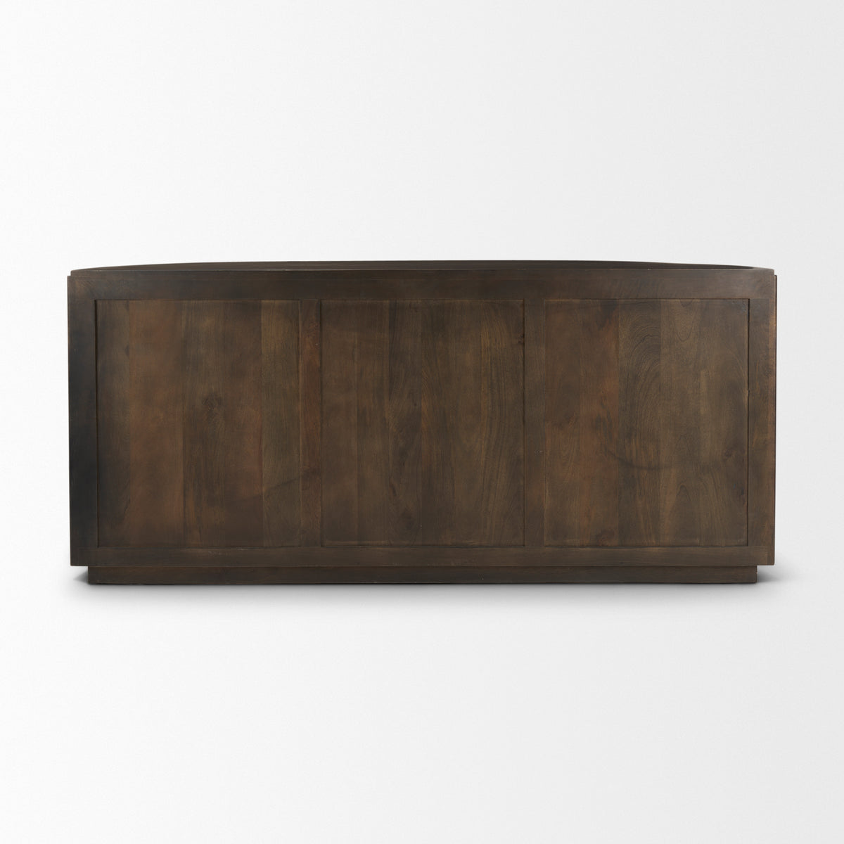 Back view of the dark brown Eleanor mango wood sideboard showing a clean, finished rear panel