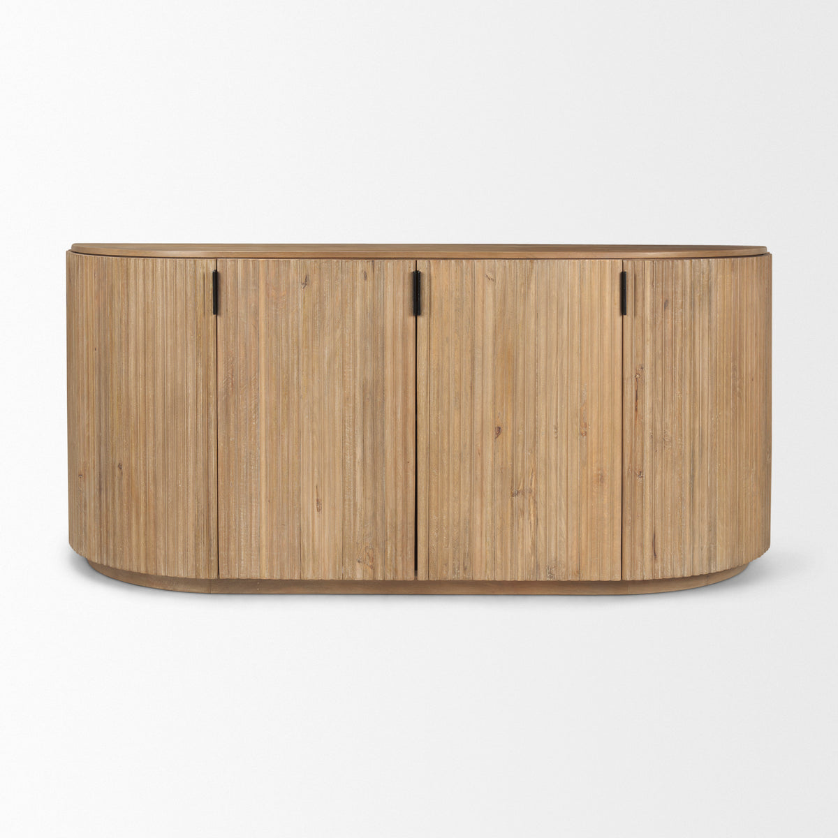 straight-on view of the Eleanor light mango wood sideboard featuring fluted doors and black hardware
