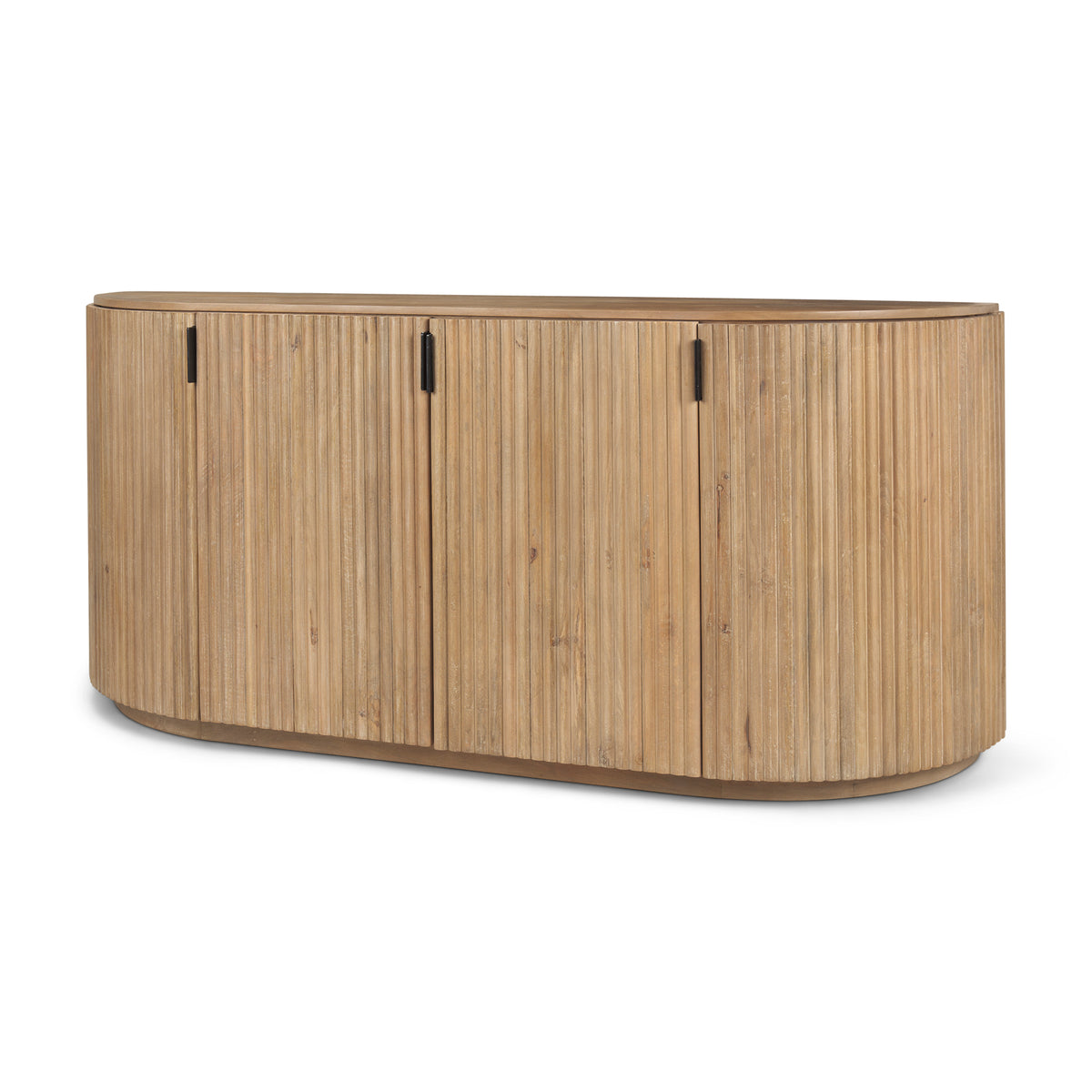 Angled full view of the closed Eleanor light mango wood sideboard highlighting its fluted detailing and curved edges