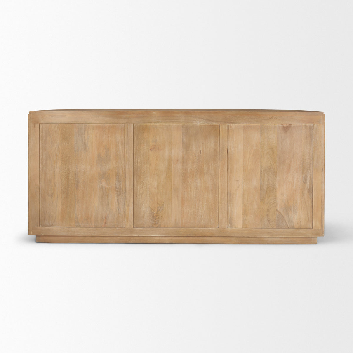 Back view of the light natural Eleanor mango wood sideboard showing its clean, finished rear panel