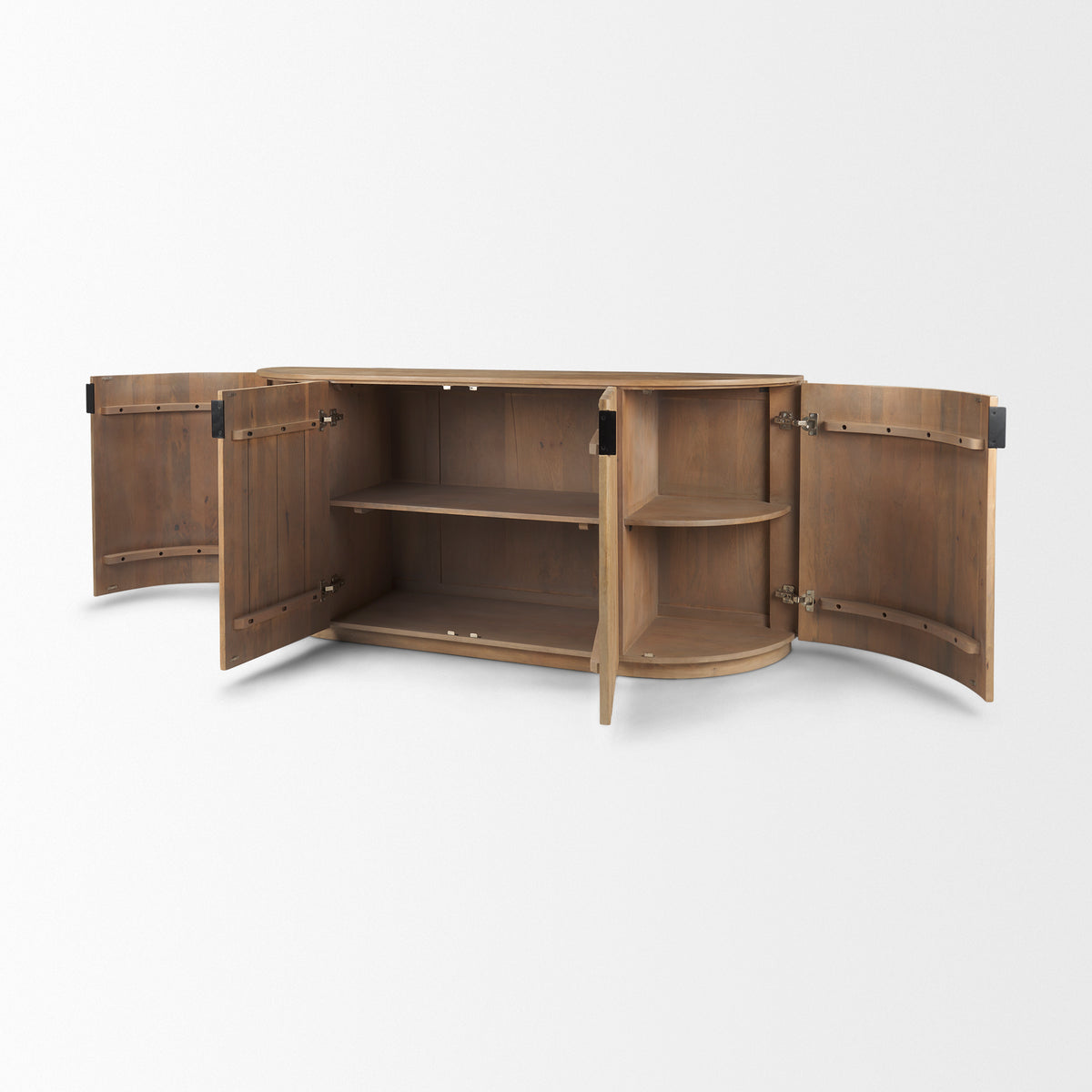 Eleanor natural mango wood sideboard with its four fluted doors open, showing the spacious interior shelves
