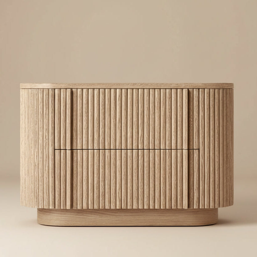 Front view of the Elias Oak Nightstand with two fluted drawers and rounded corners