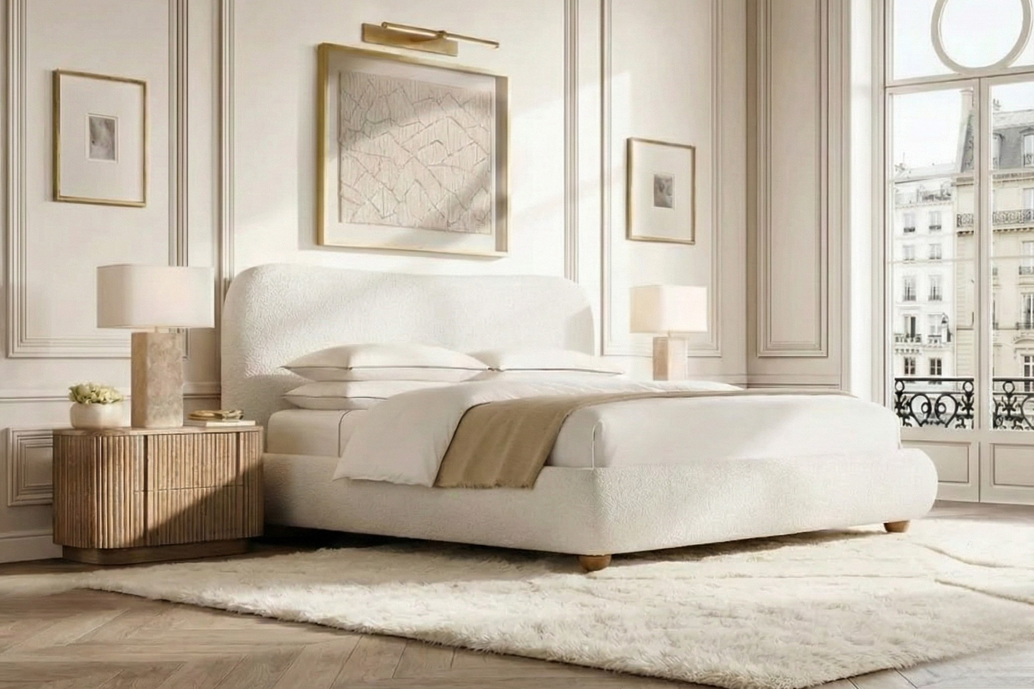 Elias Oak Nightstand styled beside a white upholstered bed in a bright bedroom