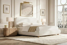 Elias Oak Nightstand styled beside a white upholstered bed in a bright bedroom