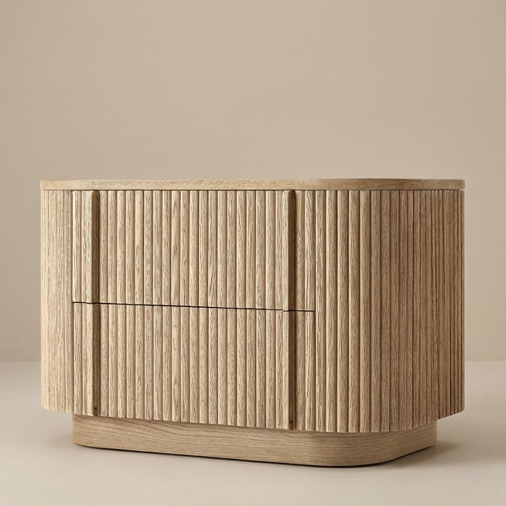 Angled front view of the Elias Oak Nightstand showing the natural oak finish and fluted drawers