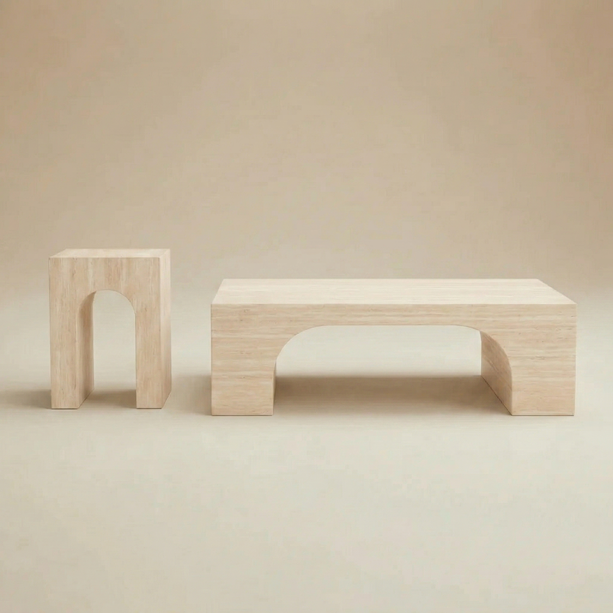 Two light wood benches on a beige background
