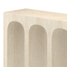 Elio Travertine Console Table in a white background with close up view