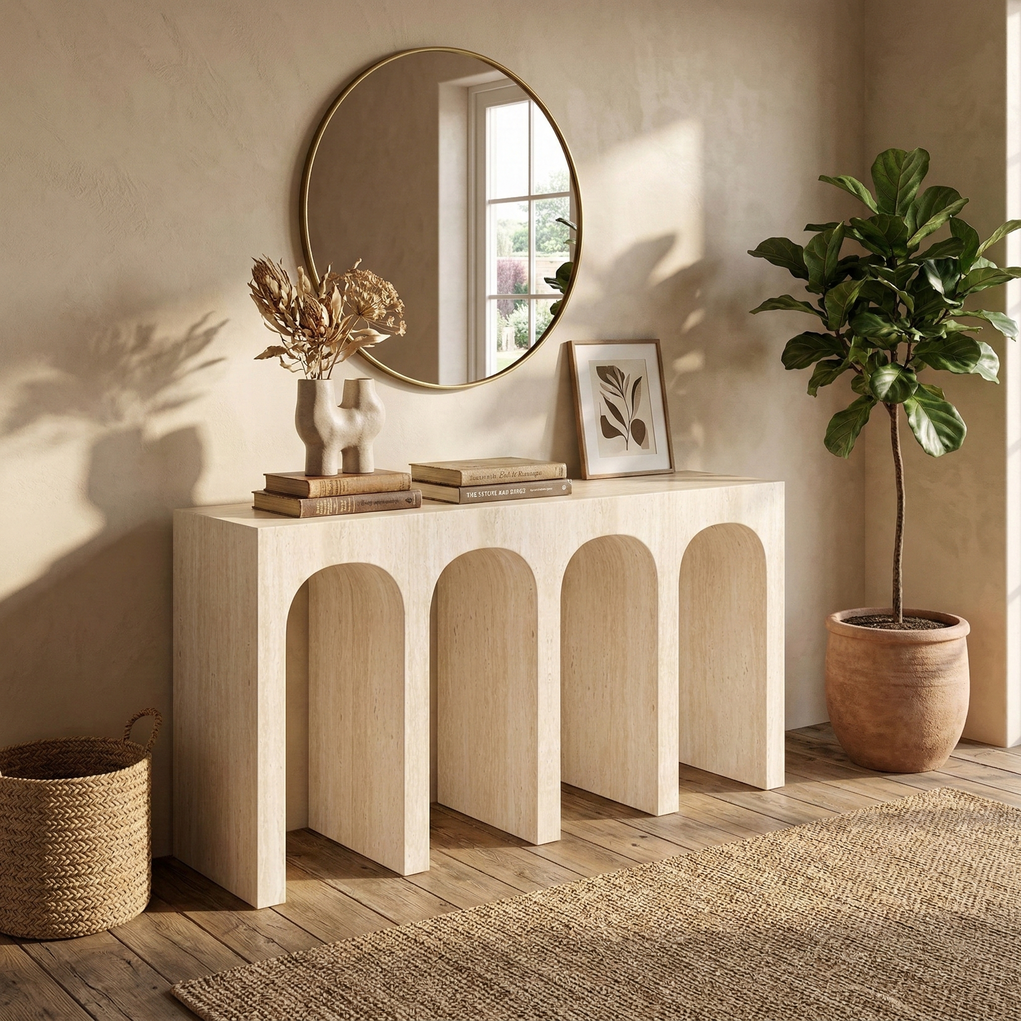Beige console table with decorative items in a room with a round mirror and plant.