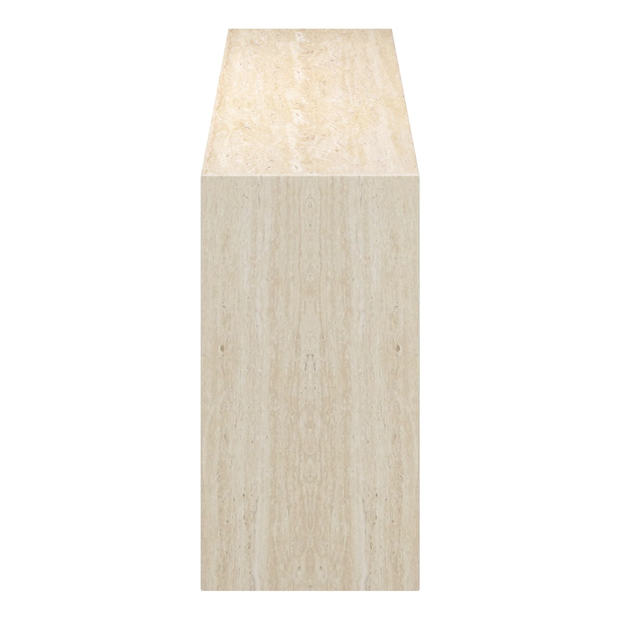 Elio Travertine Console Table in white background with side view