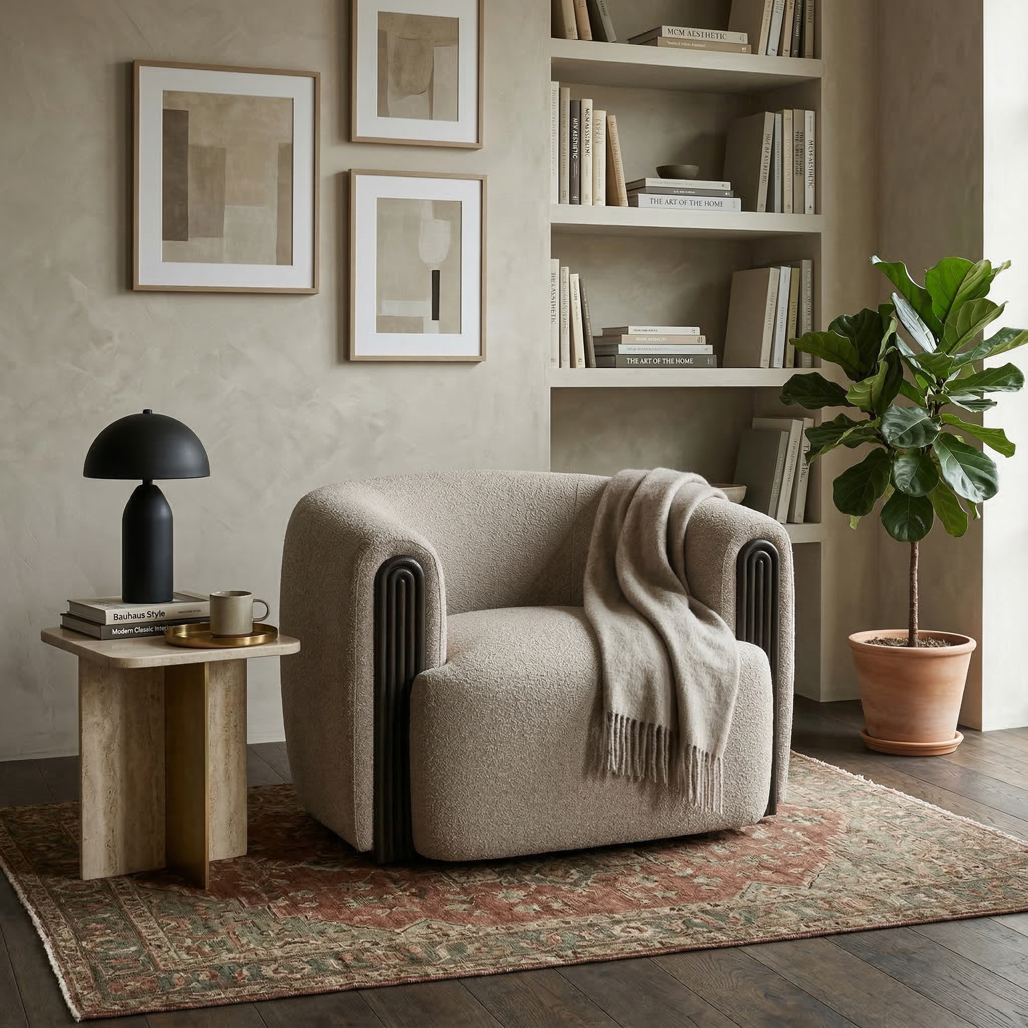 The dark beige Elodie barrel chair styled on a vintage rug in a modern living room with built-in bookshelves and a stone side table.