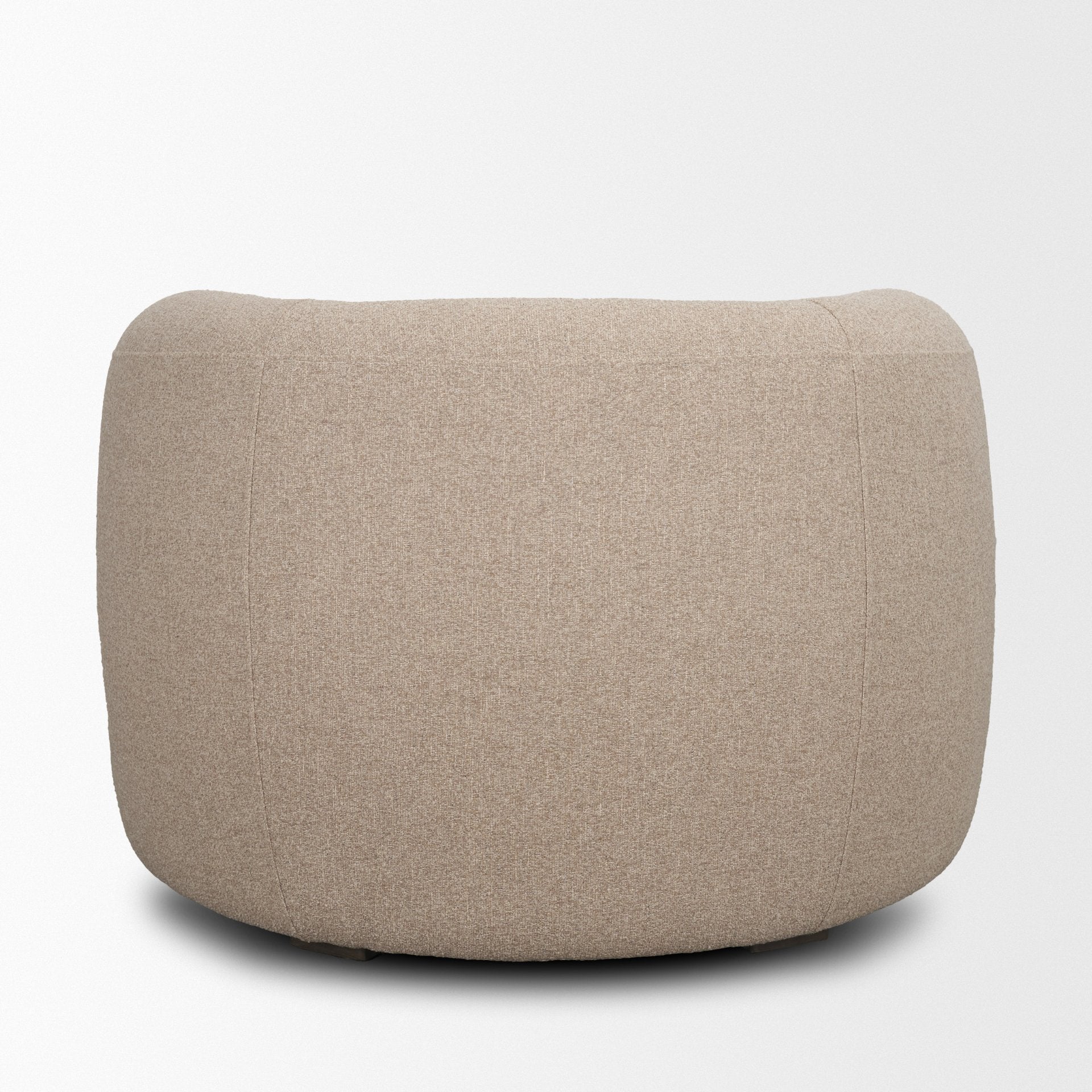 Full back view of the Elodie barrel chair showcasing the seamless dark beige textured upholstery.