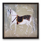 Framed artwork of a white horse with a dark saddle on a beige background