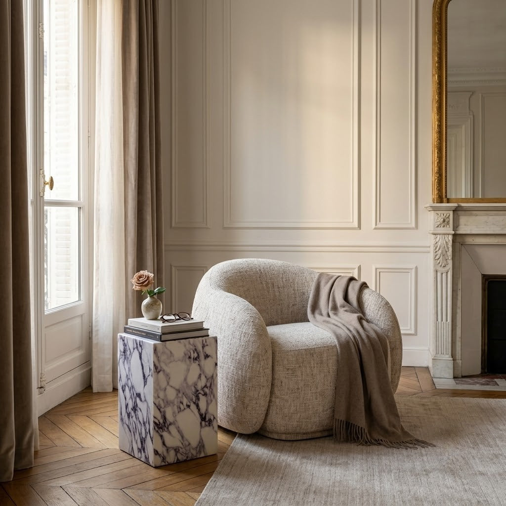 Beige Estelle armchair with a blanket in a stylish room with a Bulgari Charm Side Table and large window.