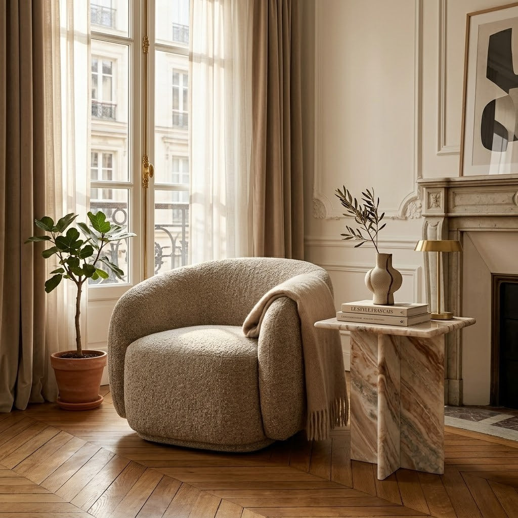 Cozy living room with a beige Estelle Accent Chair, Mesa marble side table, and large window.