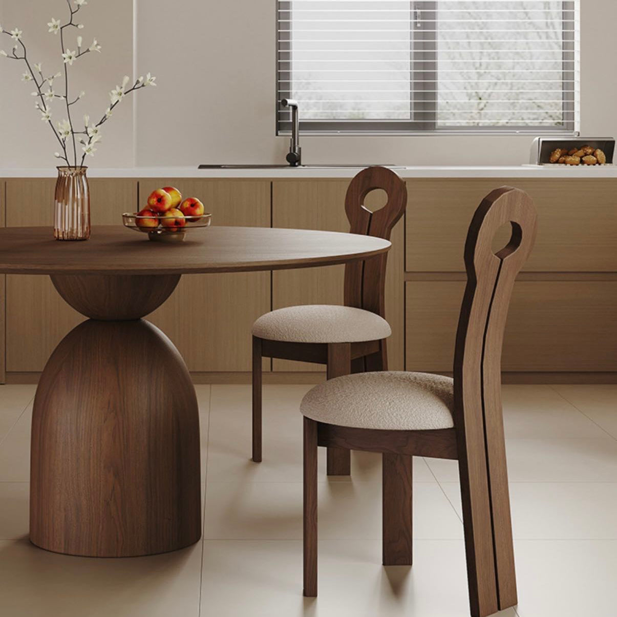Evelyn walnut dining table with matching curved chairs in modern kitchen setting