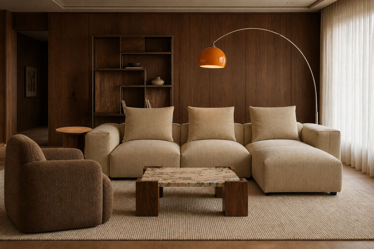 A modern living room setup featuring a plush corduroy sectional sofa, a brown boucle accent chair, Luca marble coffee table, Goldenhour floor lamp with an orange shade, and a dark wood-paneled wall.