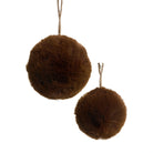Two brown faux fur pom-pom ornaments hanging from natural jute ropes against a solid white background.