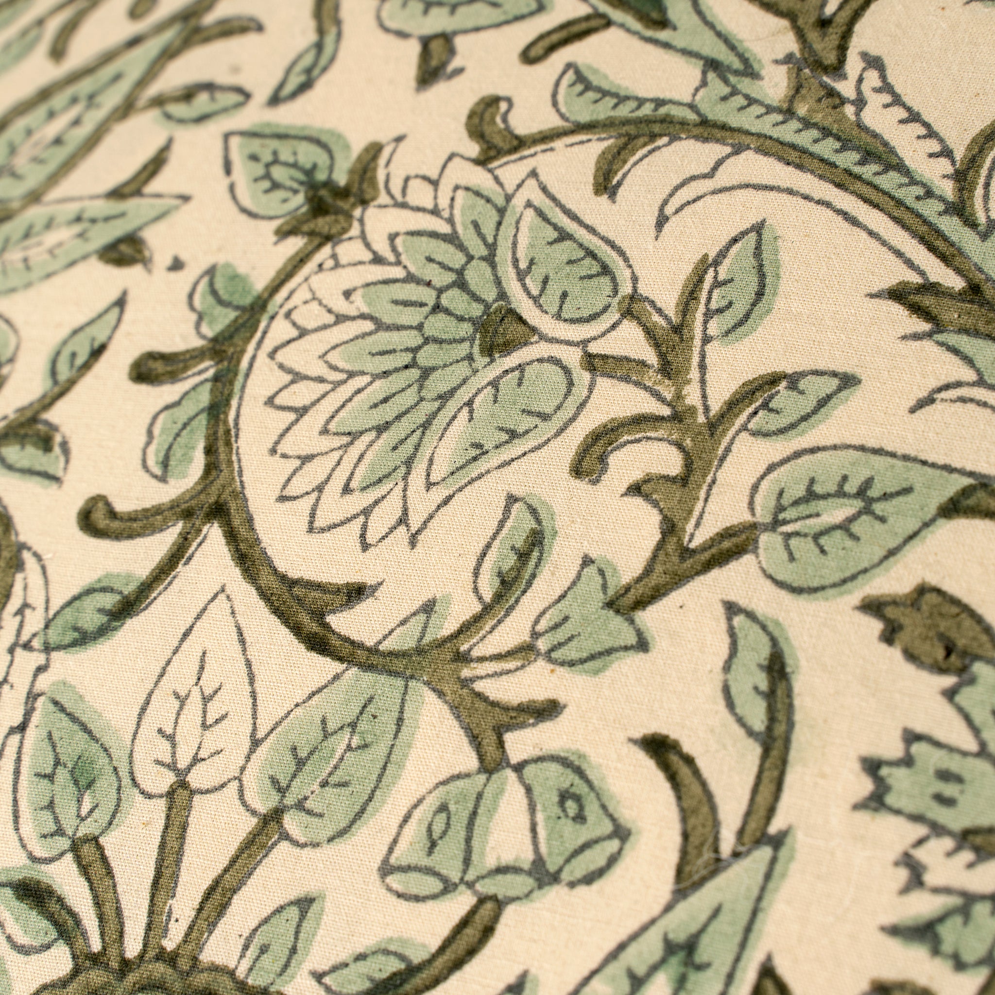Close-up of a floral pattern with green leaves and brown stems on a beige background