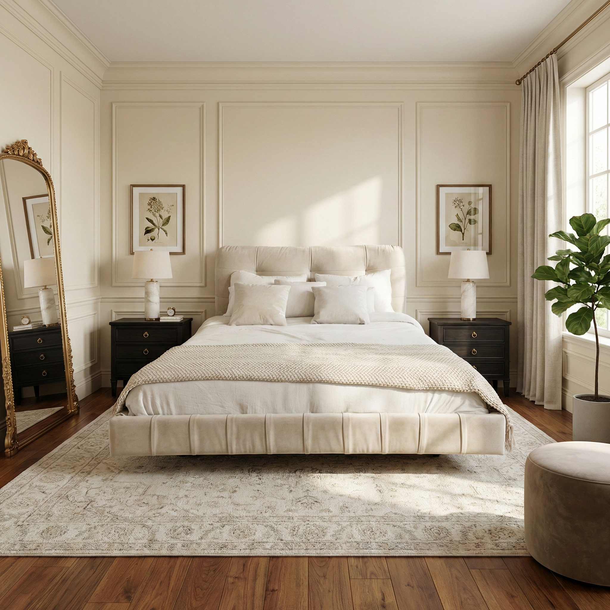 Cream velvet floating bed frame styled in a luxury bedroom with wall molding, a large floor mirror, and dark wood nightstands.