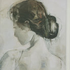 Close-up of the impressionist-style painted portrait of a woman featuring soft beige, grey, and brown tones.