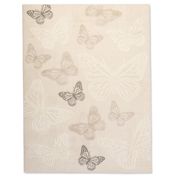 Full view of Flutterby Meadow Kids Rug with soft neutral butterflies scattered across a warm ivory background.