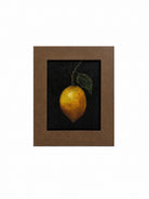 Framed artwork of a lemon with a leaf on a dark background