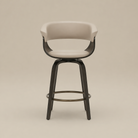 Front view of the mushroom Halo Swivel Counter Stool with a curved seat and dark wood frame