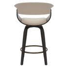 Back view of the mushroom Halo Swivel Counter Stool showing the curved faux leather back and wood frame