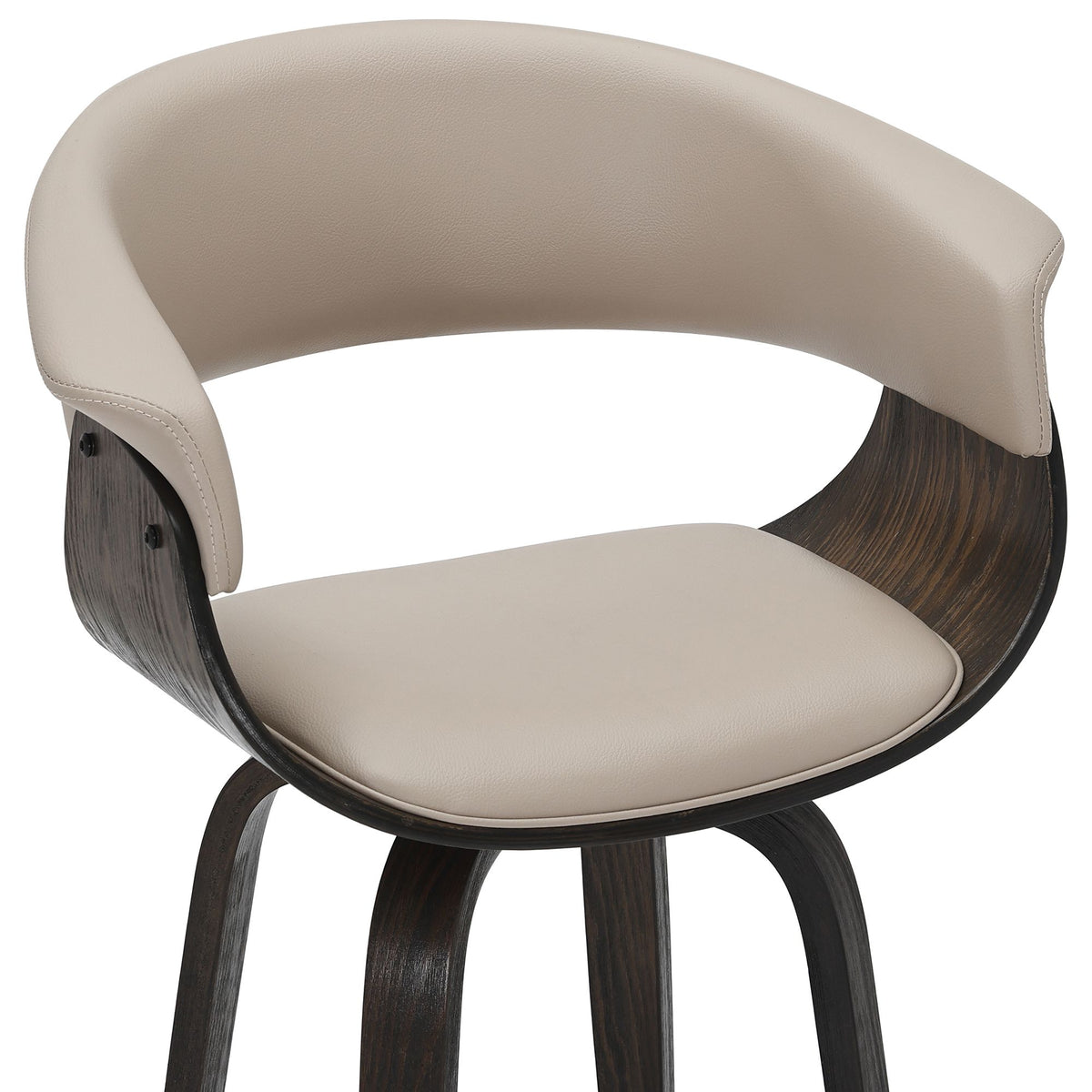 Close-up of the mushroom Halo Counter Stool curved faux leather seat and walnut-toned wood detail