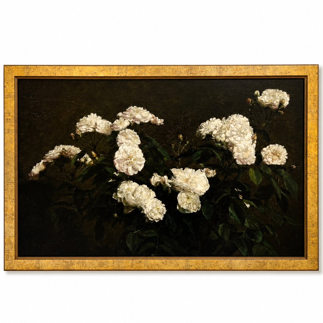 Framed artwork of white flowers on a dark background