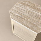 [Hexley White Oak & Travertine Nightstand] Close-up of the natural yellow travertine tabletop showing its veining, stone edge, and chamfered corner.